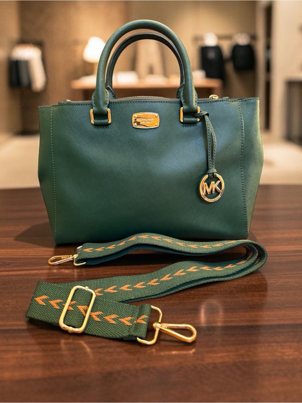 Michael Kors Forest Green Saffiano Leather Satchel w/Unbranded Guitar Strap GUC